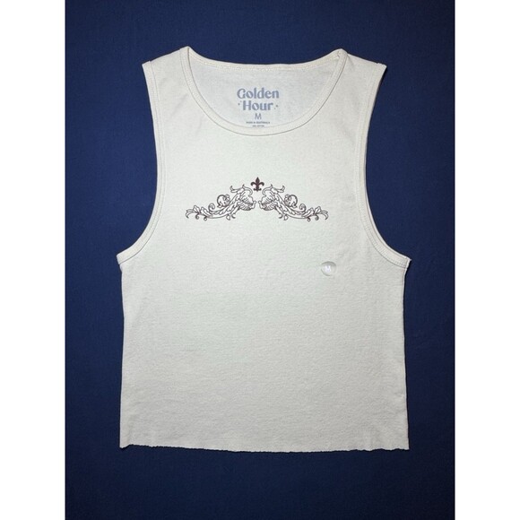 NEW Golden Hour Women’s Tank Top Size Medium Cream White Graphic Front Raw Hem - Picture 1 of 5